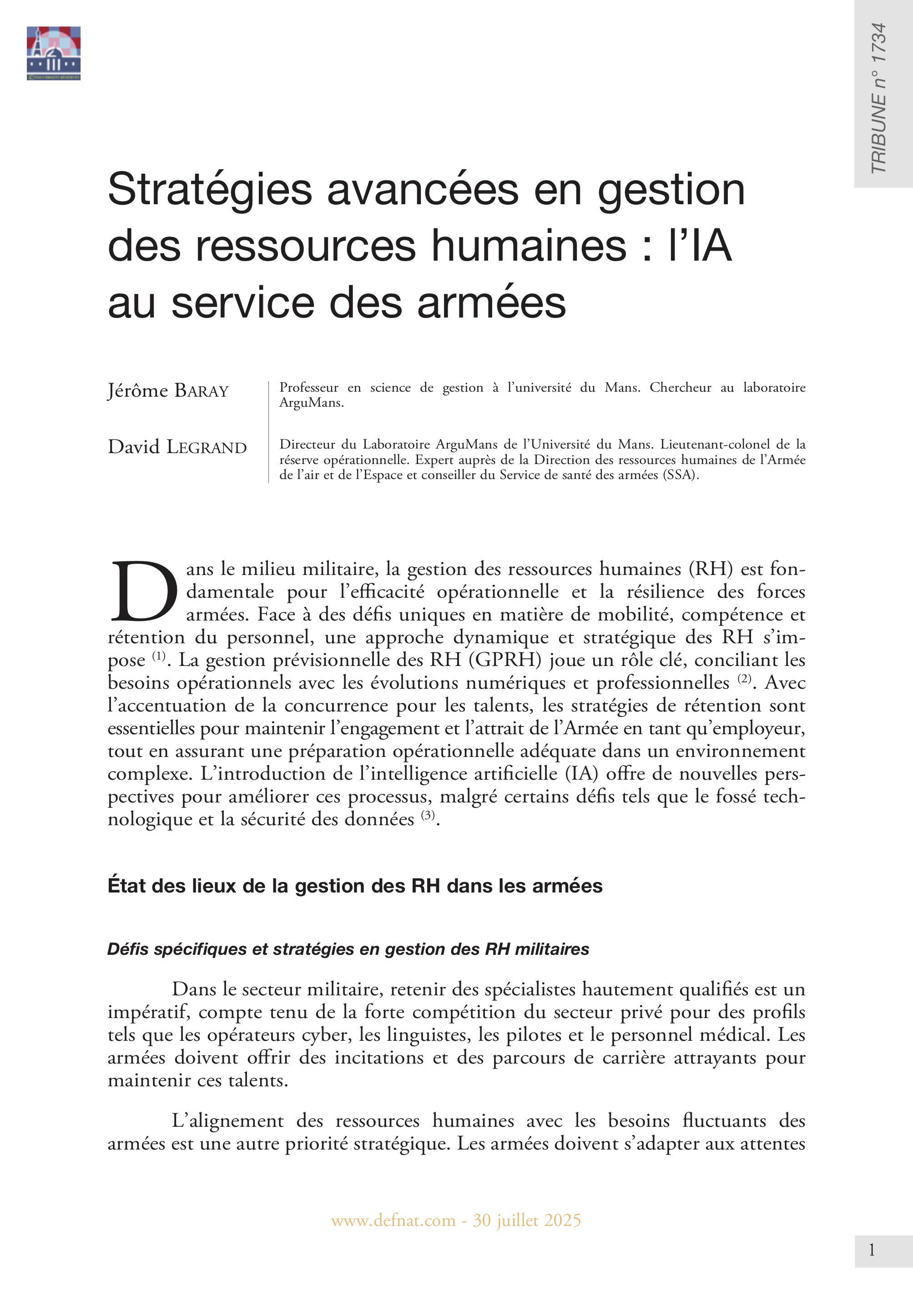 Stratégies avancées en gestion des ressources humaines : l’IA au service des armées (T 1734)
